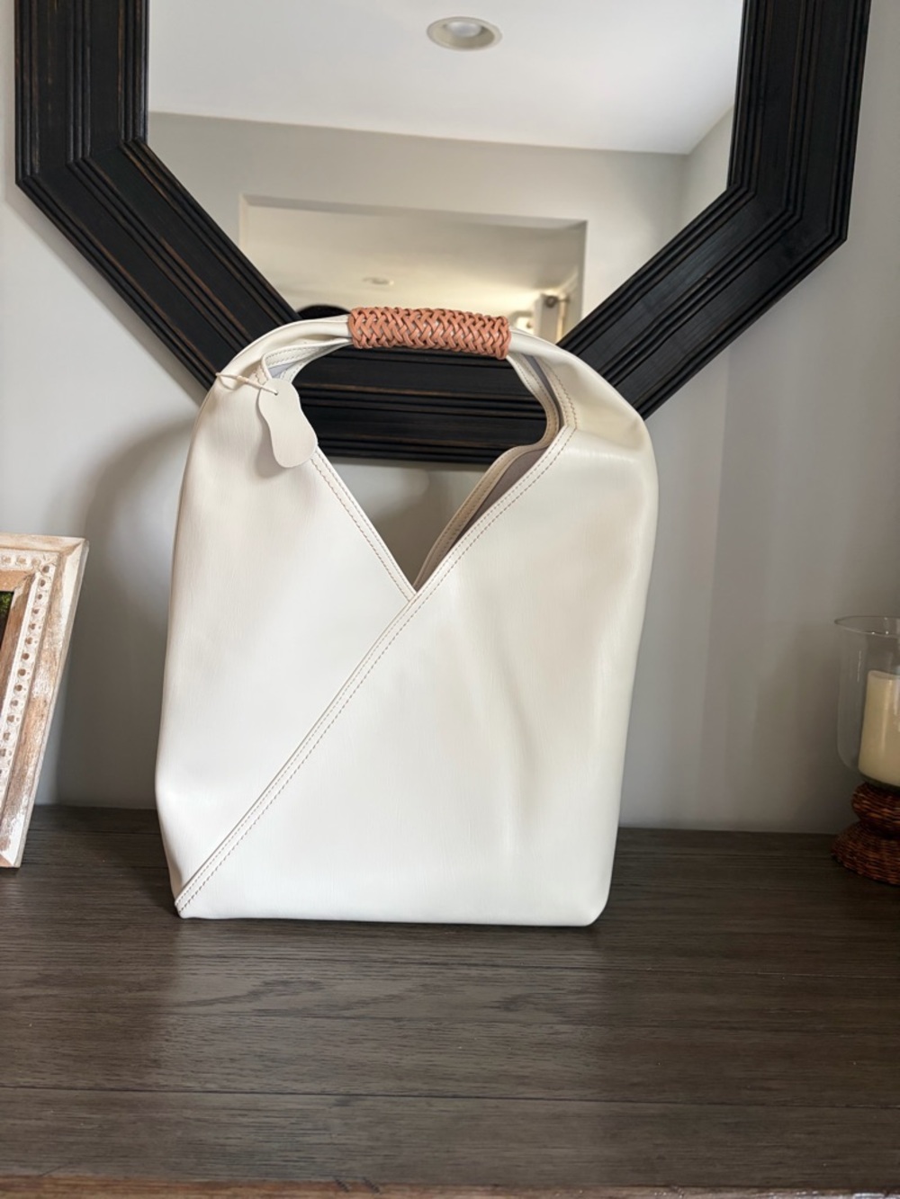 Cream Leather Shoulder Bag with Braided Tan Handle